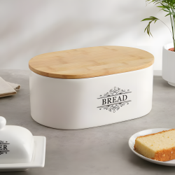 Porcelain Bread Container & Wooden Lid